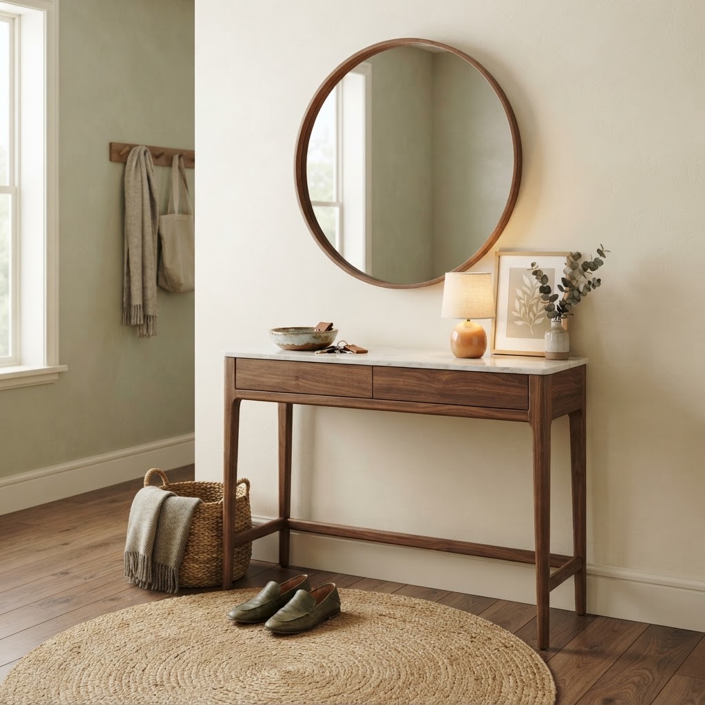 Entryway with slim walnut console and leaning round mirror