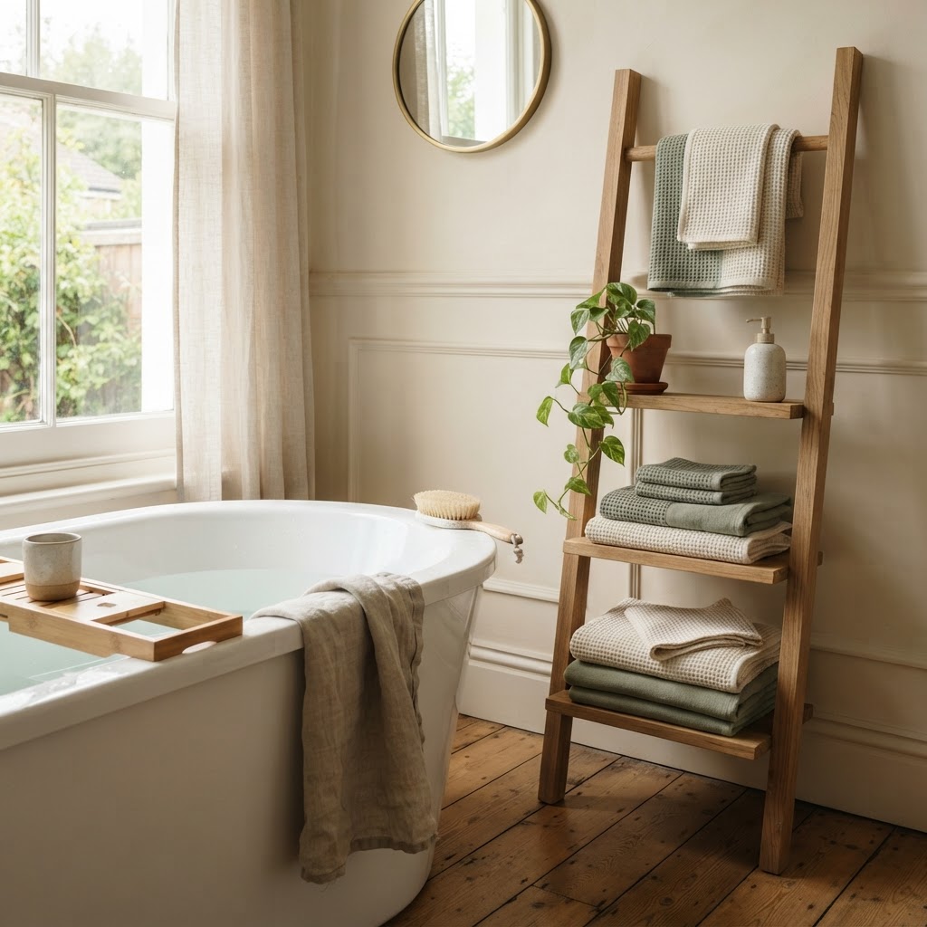 Calm bathroom with folded sage and cream towels