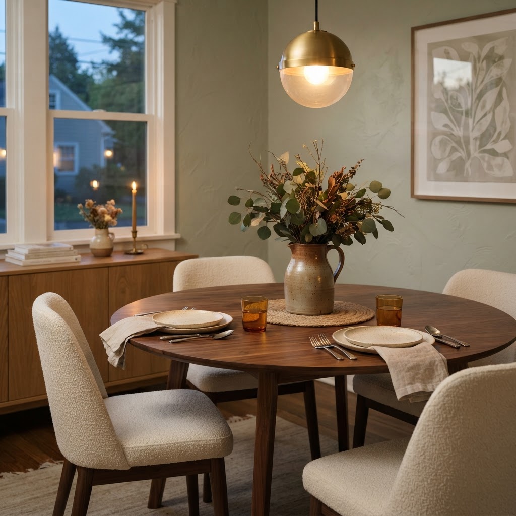 Round walnut dining table set with ceramic plates and linen