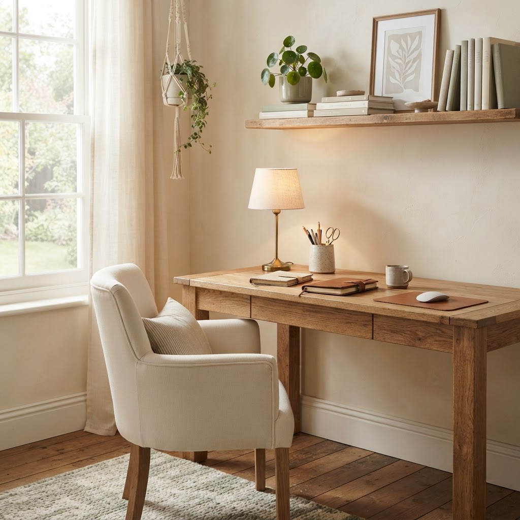 Warm home office desk vignette in soft afternoon light