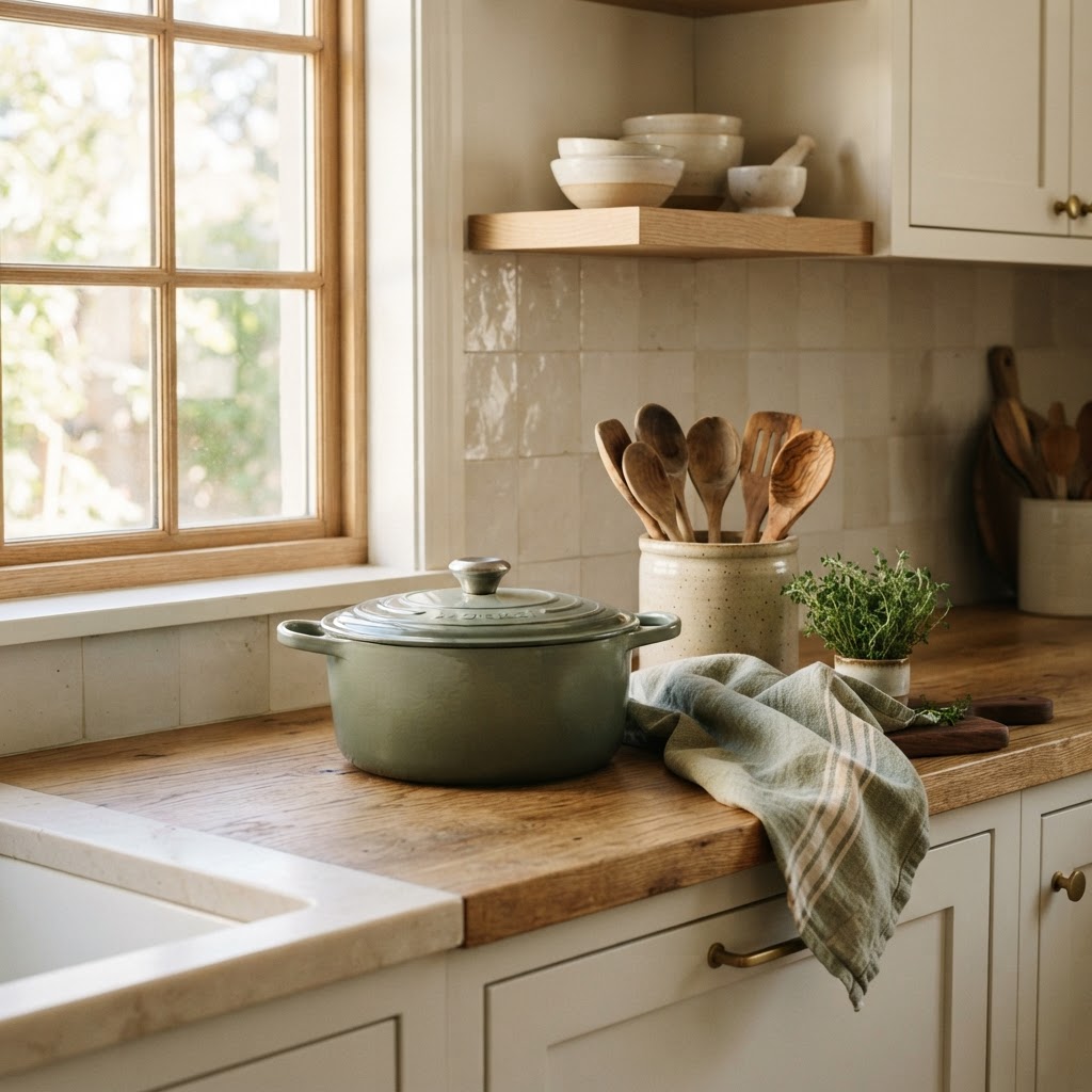 Styled kitchen vignette with stoneware and sage Dutch oven
