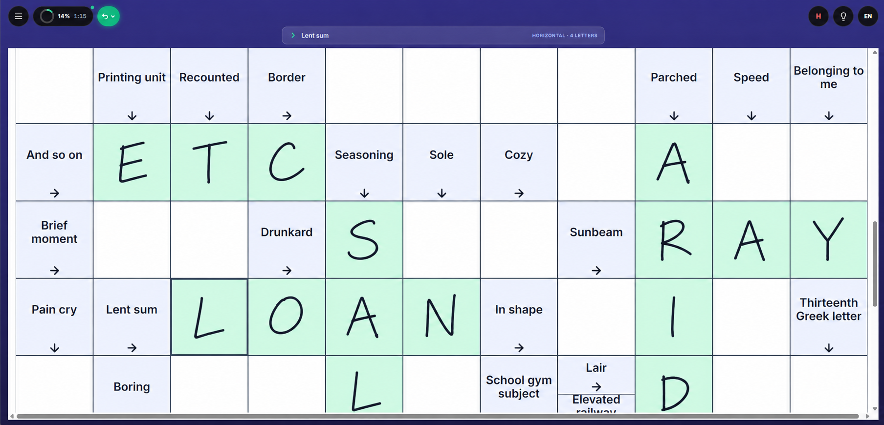 ScandiCross gameplay: a Scandinavian crossword grid with clues inside the squares, the active word highlighted and handwritten ink letters in the boxes