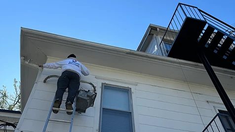 Exterior Trim Work — One of our painters on an extension ladder, hand-brushing trim near the roofline of a white clapboard home.