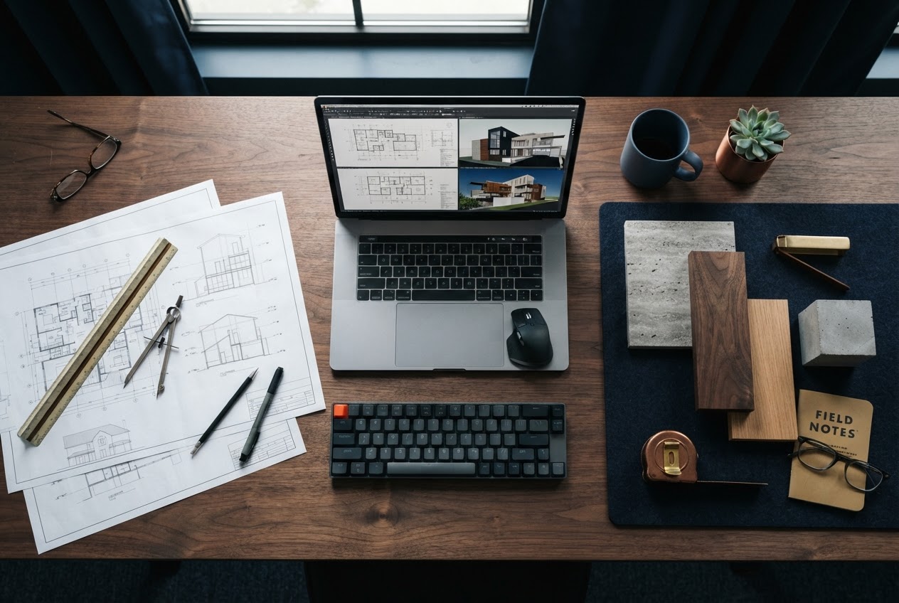DeezWebs web design workspace — blueprints, laptop and building material samples