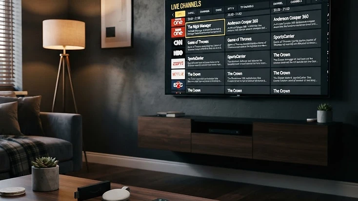 A modern living room with a 4K TV displaying an IPTV player channel grid, a Firestick and remotes on the coffee table