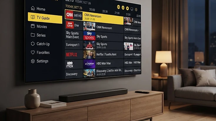 Android TV screen displaying an IPTV player application with a clean channel grid and electronic program guide