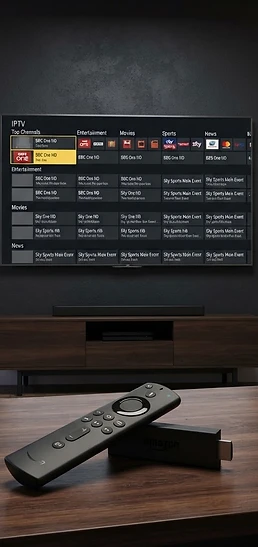 A 4K TV displaying a clean IPTV player channel grid with categories, a Fire TV remote on a coffee table