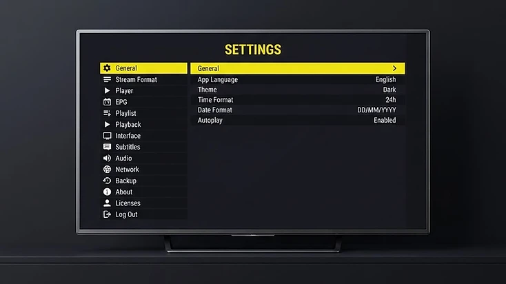 Televizo Player interface displayed on a television while diagnosing IPTV buffering