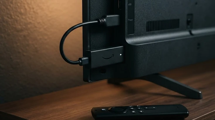 A Fire TV Stick plugged into the HDMI port of a 4K television with a remote on a dark surface