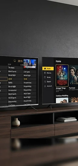 Two television setups side by side comparing a grid-style TV interface and a mobile-oriented player interface