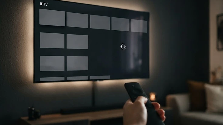 A 4K TV displaying an IPTV player with an empty channel grid and a loading spinner, a remote in the foreground
