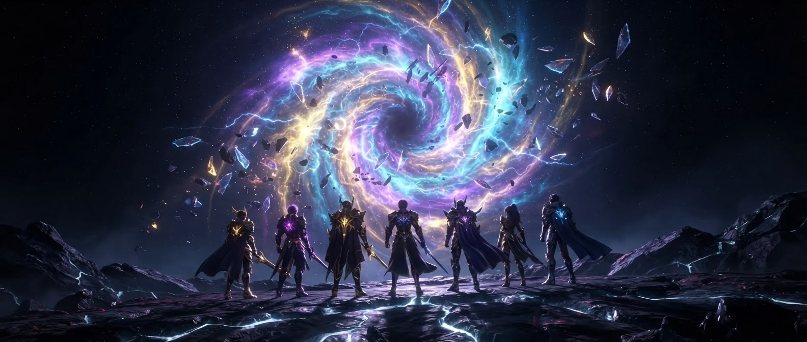 Ascendants stand before a vast dimensional Portal opening into the Realms