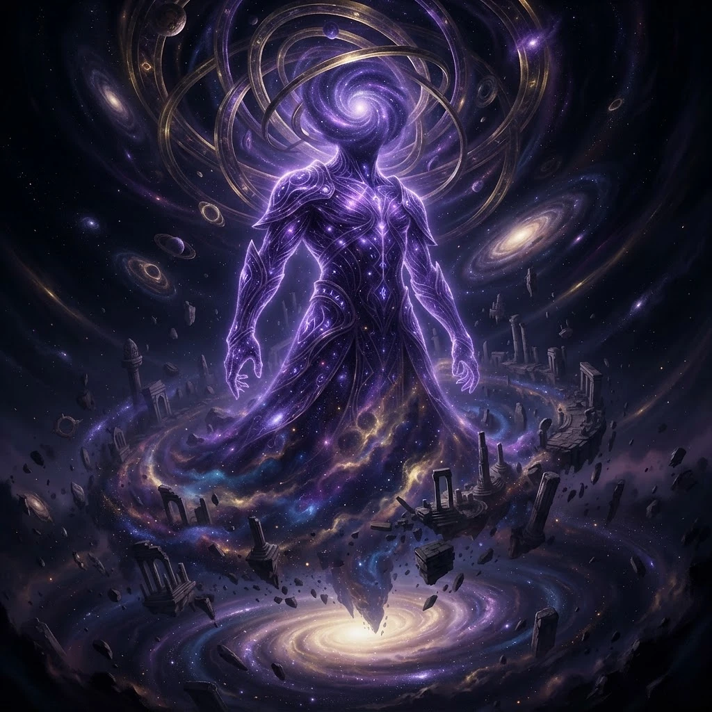 A towering Celestial presence looms over ancient ruins beneath a cosmic sky