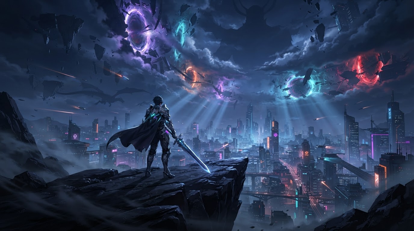 An Ascendant warrior overlooking a fractured futuristic city beneath dimensional portals