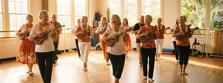 SIA members dancing hula and playing ukuleles in a sunlit community studio