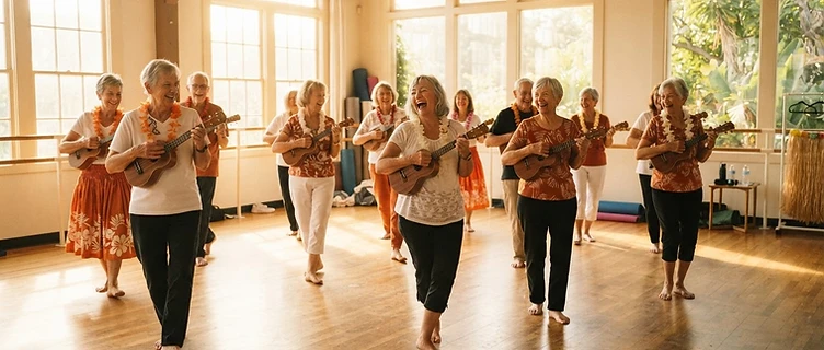 Seniors In Action members enjoying music and dance together in a sunlit community studio