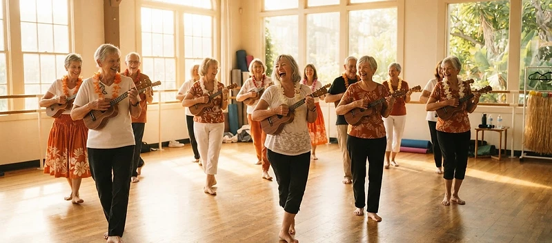 SIA members dancing hula and playing ukuleles in a sunlit community studio