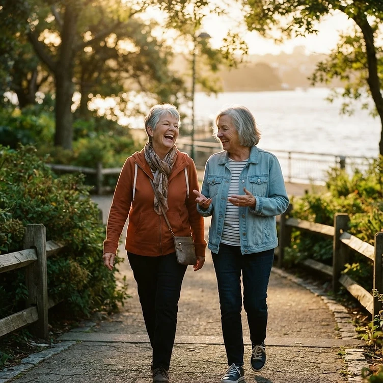 Two SIA members laughing together during a morning walk in a waterfront park