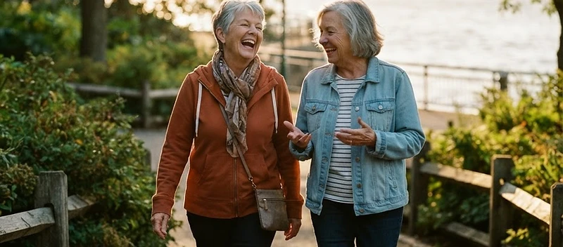Two SIA members laughing together during a morning walk in a waterfront park