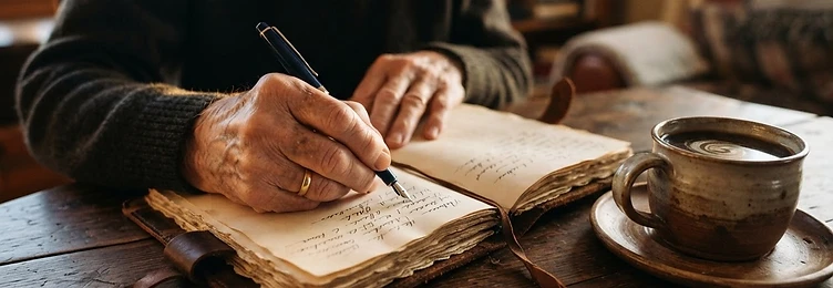 Close-up of a member's hands writing memoirs in a journal beside a coffee cup
