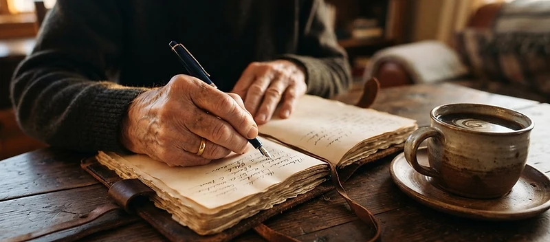 Close-up of a member's hands writing memoirs in a journal beside a coffee cup
