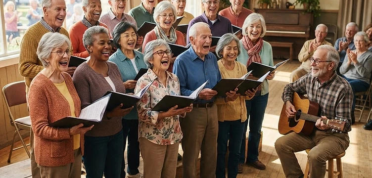 Seniors in Action members singing together during a community performance
