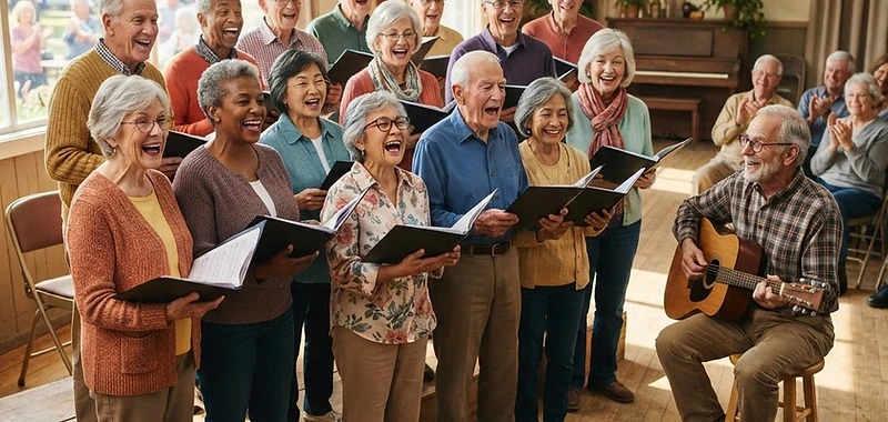 Seniors in Action members singing together during a community performance