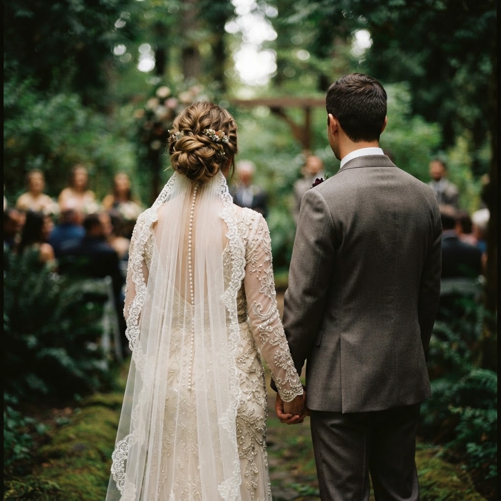 Cinematic back-view portrait of a bride in lace and veil beside a groom in a charcoal suit, set in a blurred forest garden
