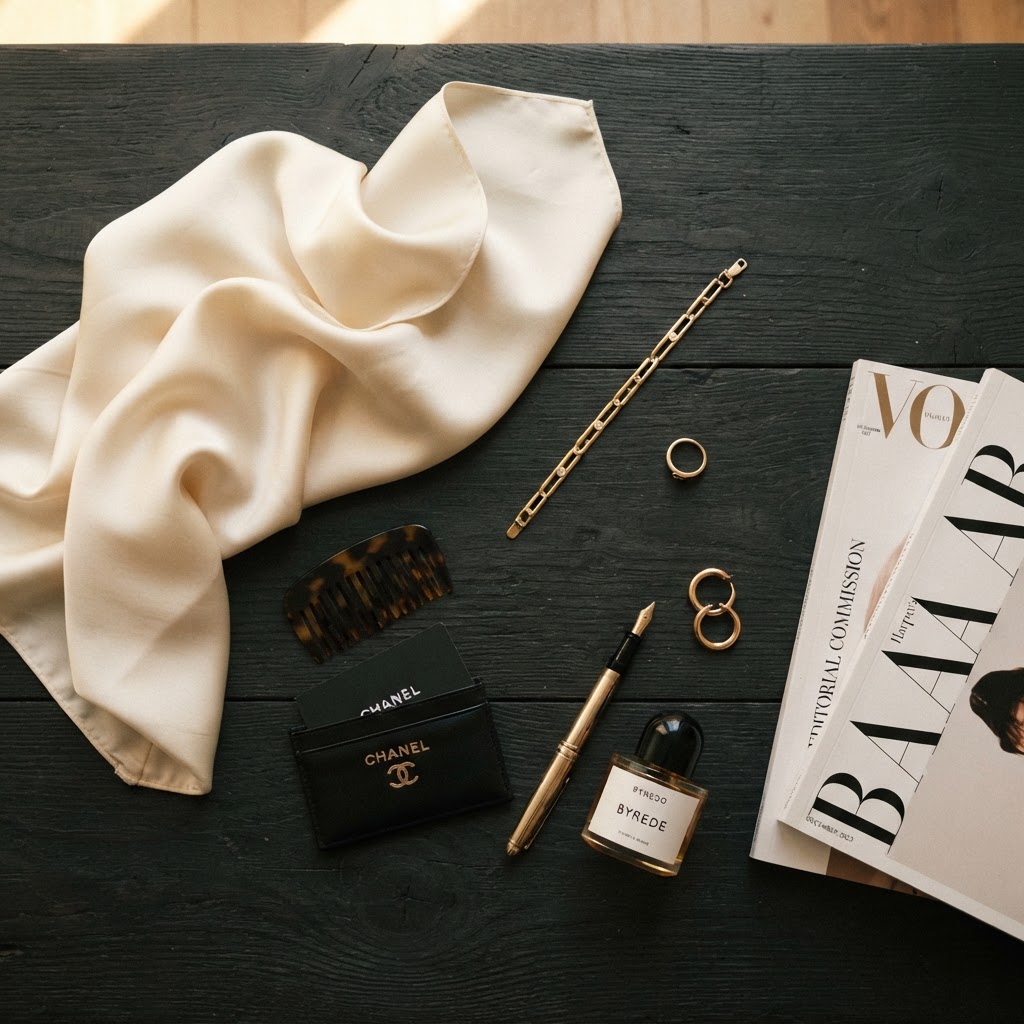 Flat-lay detail of silk fabric with styled accessories