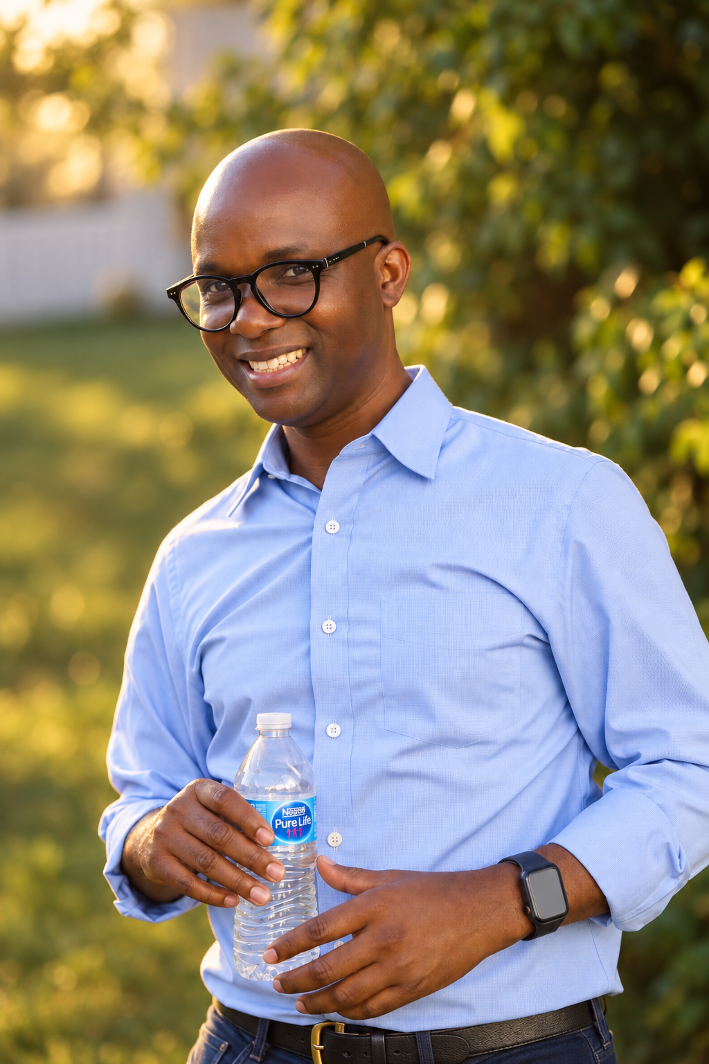 Portrait of a smiling man wearing glasses in a blue shirt