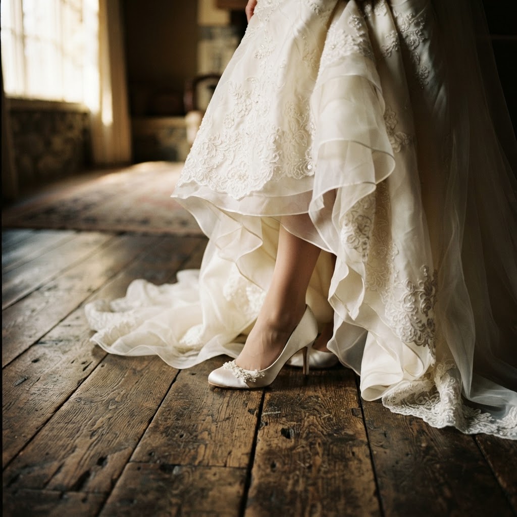 Detail shot of a pair of bridal shoes