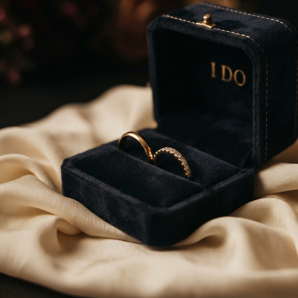 Detail shot of two wedding rings resting in an open box