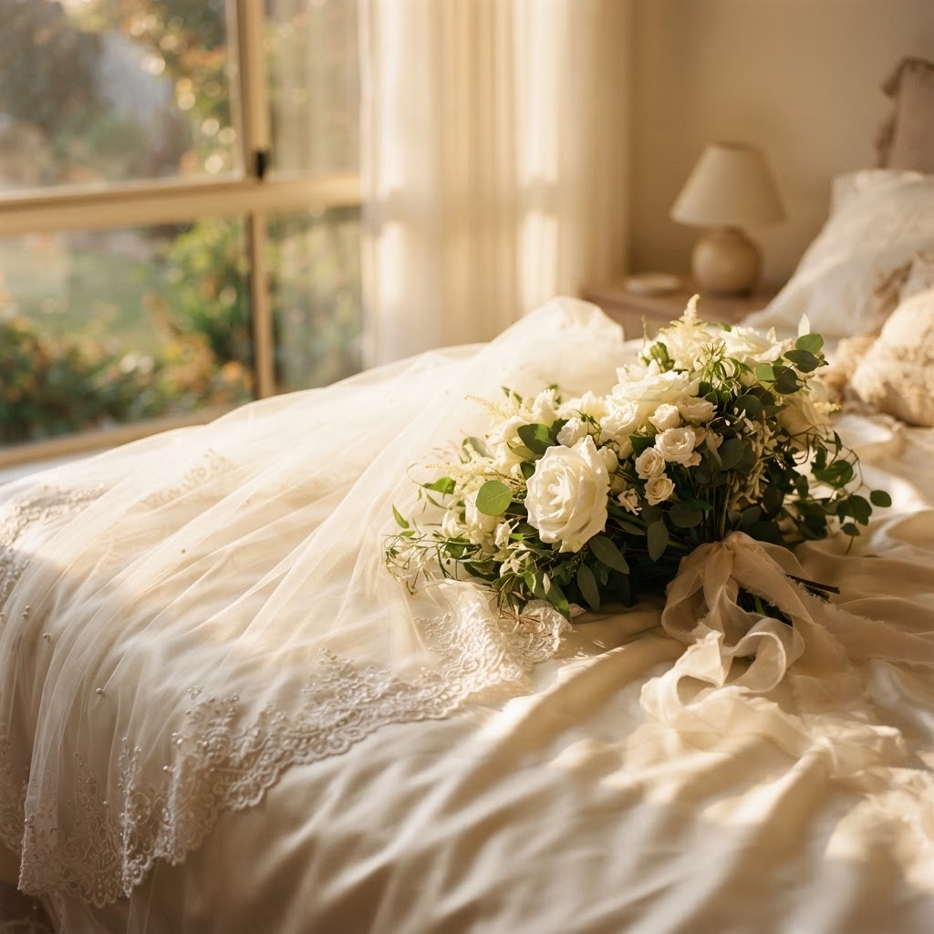 Detail shot of a bride's veil draped beside a wedding bouquet