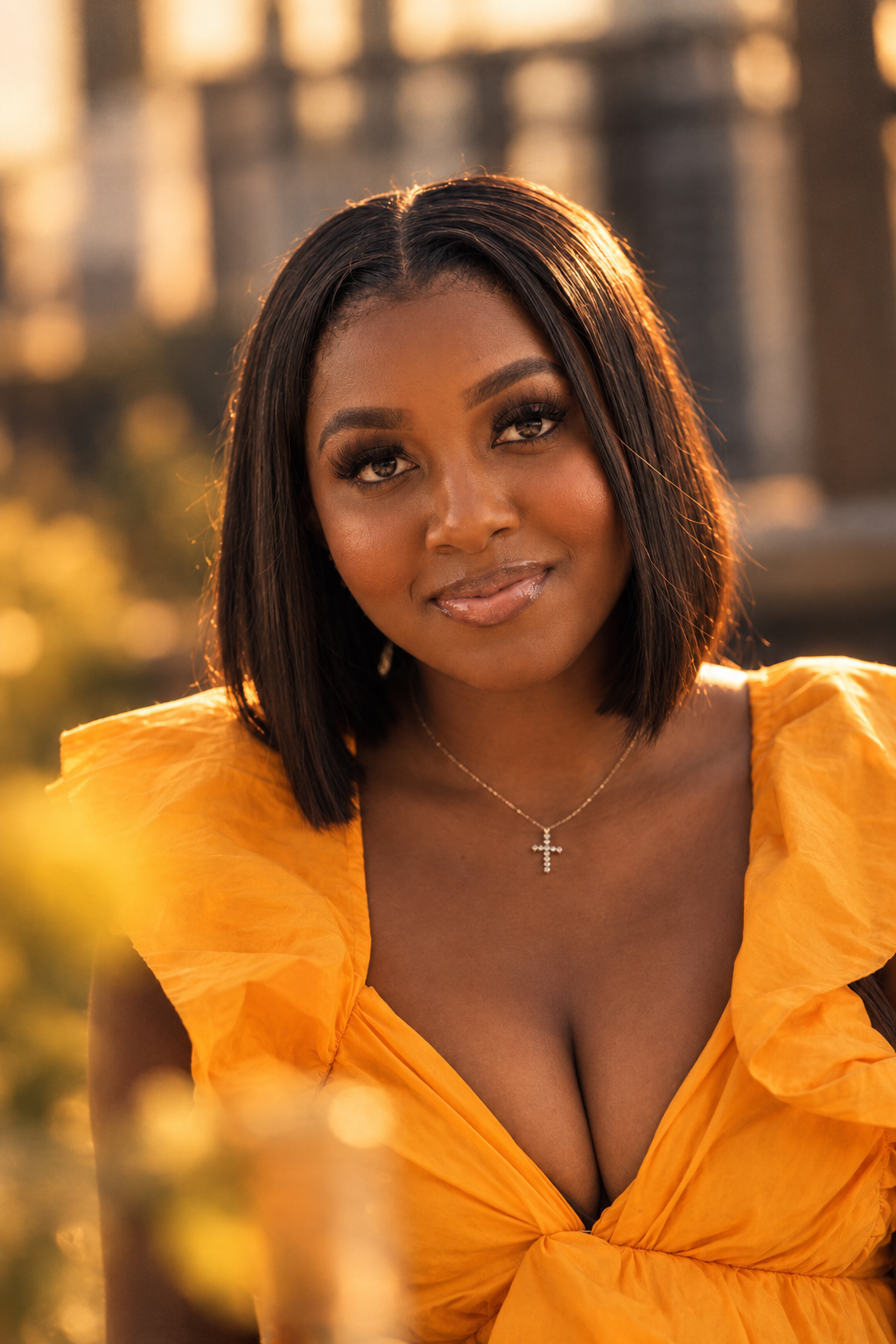 Portrait of a subject in warm saffron-toned light at sundown