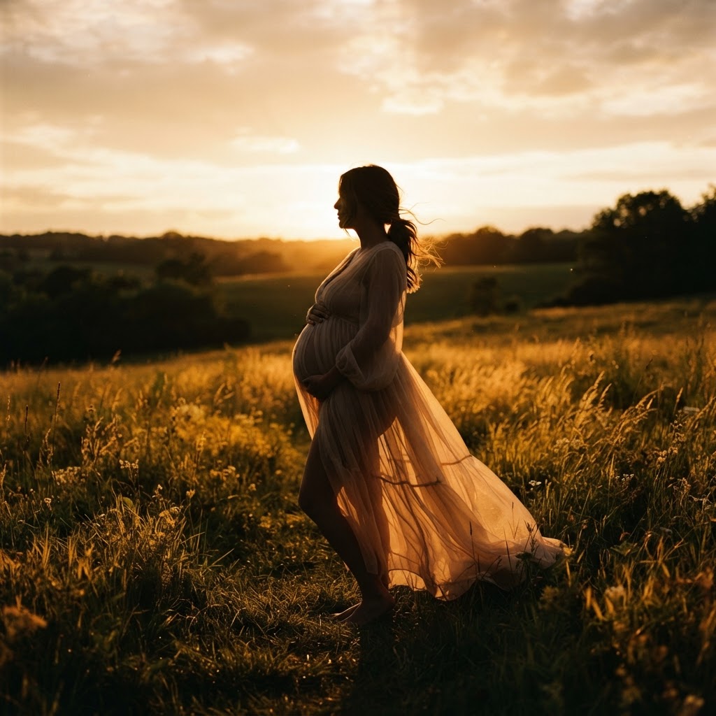 Cinematic maternity silhouette of a pregnant woman in a flowing dress backlit by golden-hour light in a field