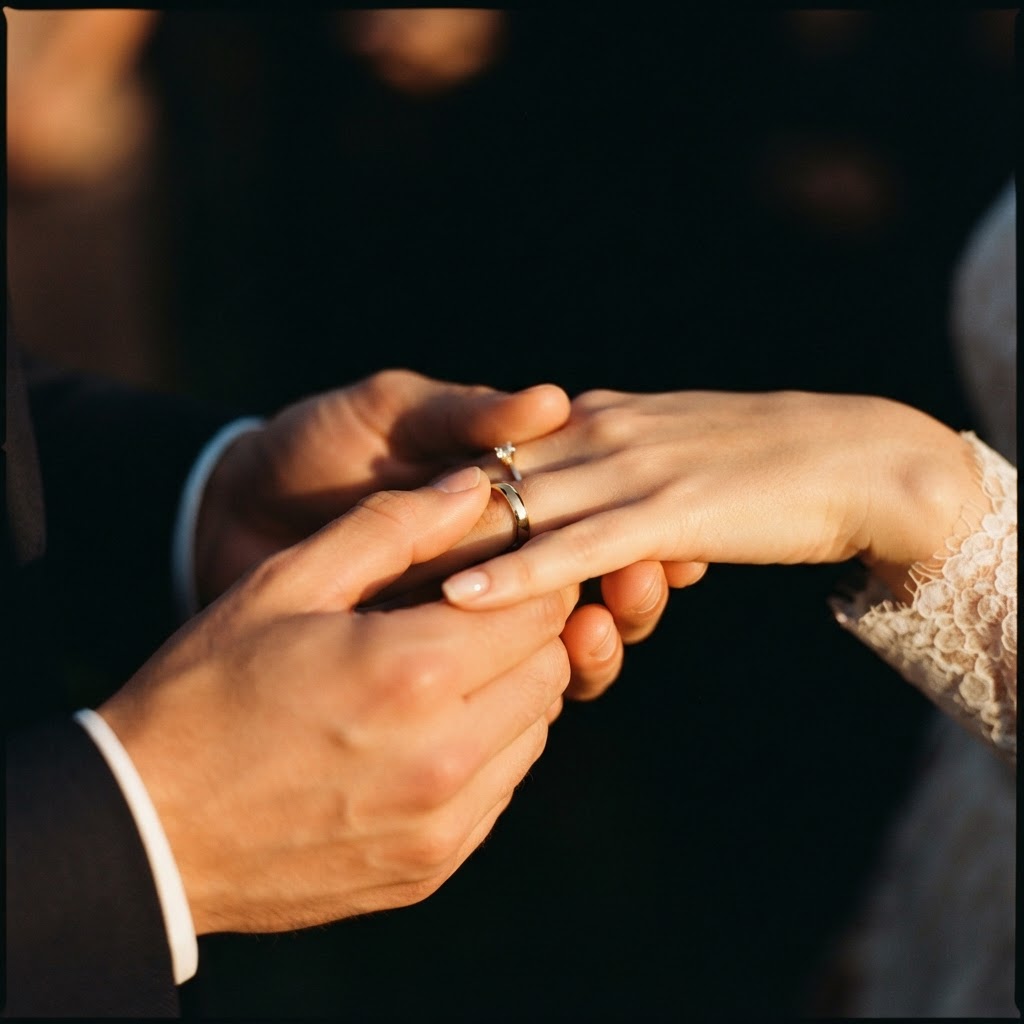 Close-up of a couple's hands during a wedding ring exchange