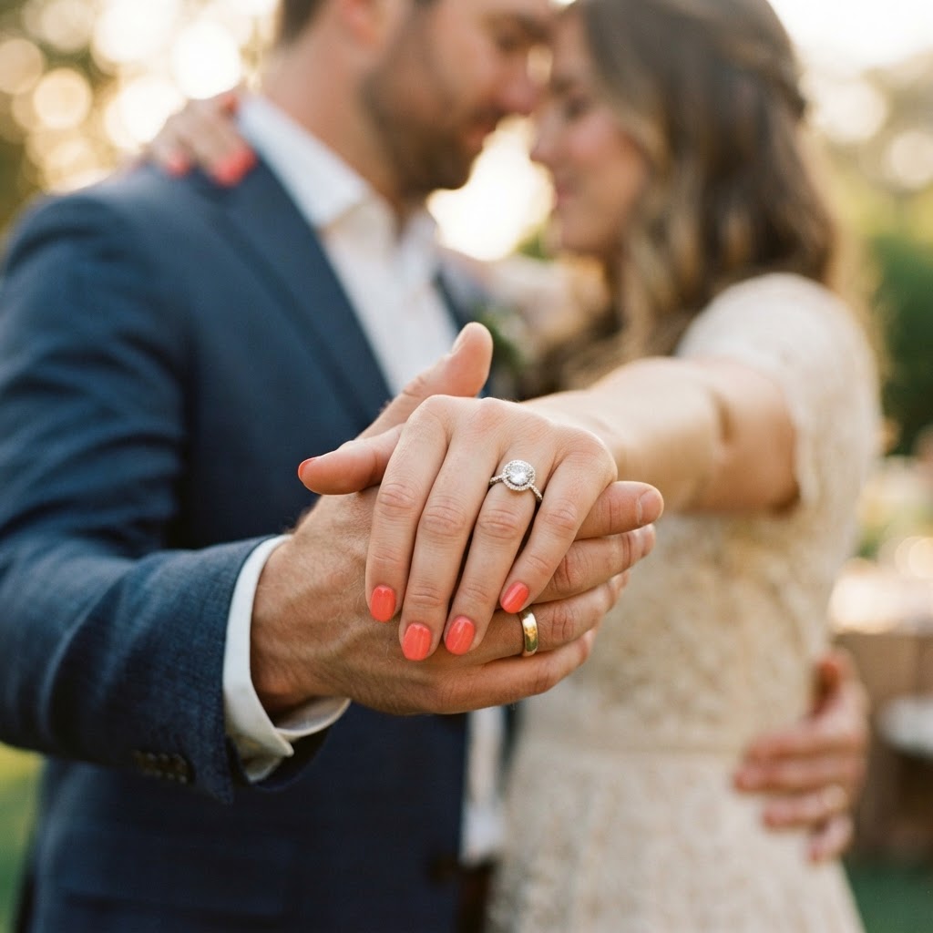 Close-up of a couple's hands joined together, featuring a diamond engagement ring