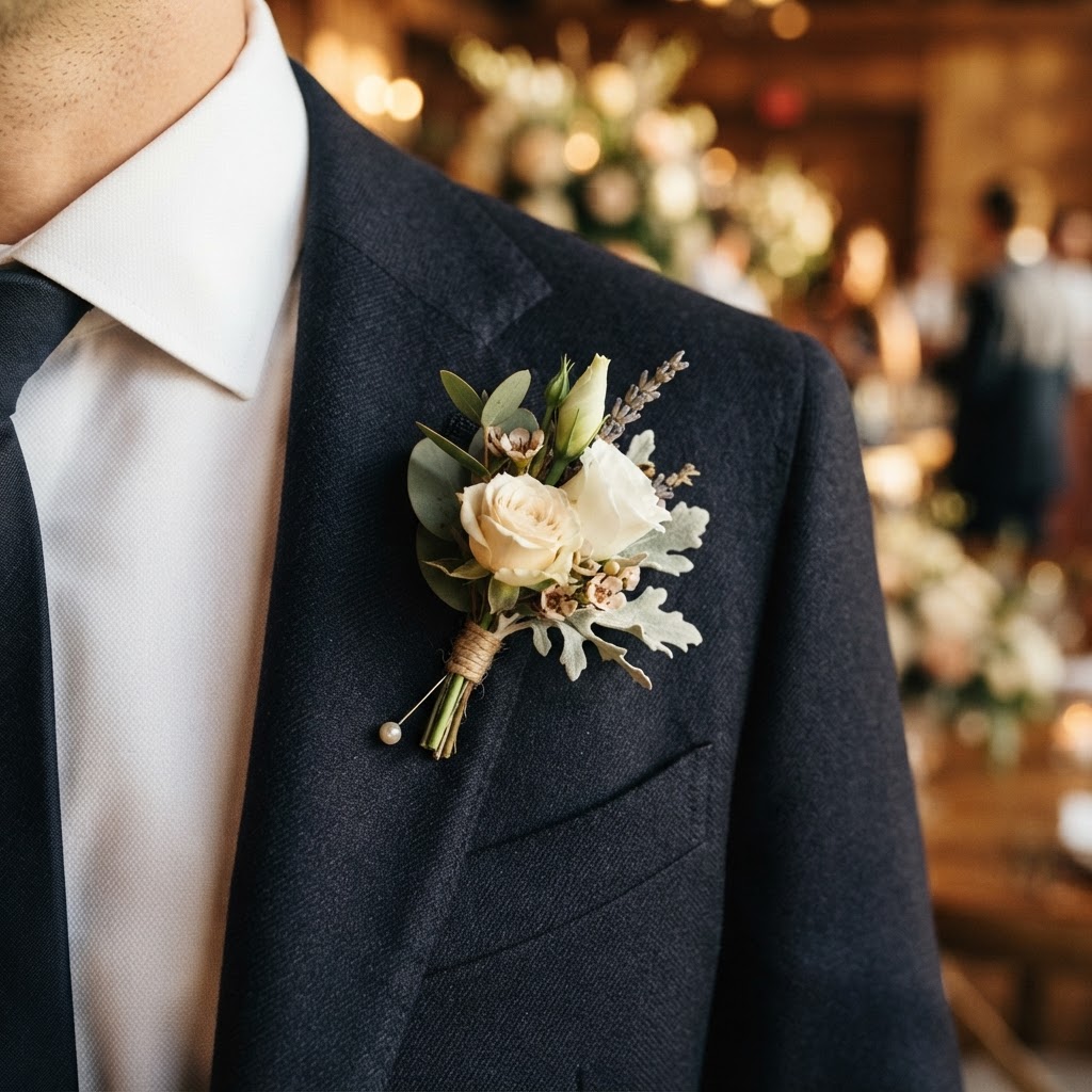 Detail shot of a suit lapel pinned with a boutonniere