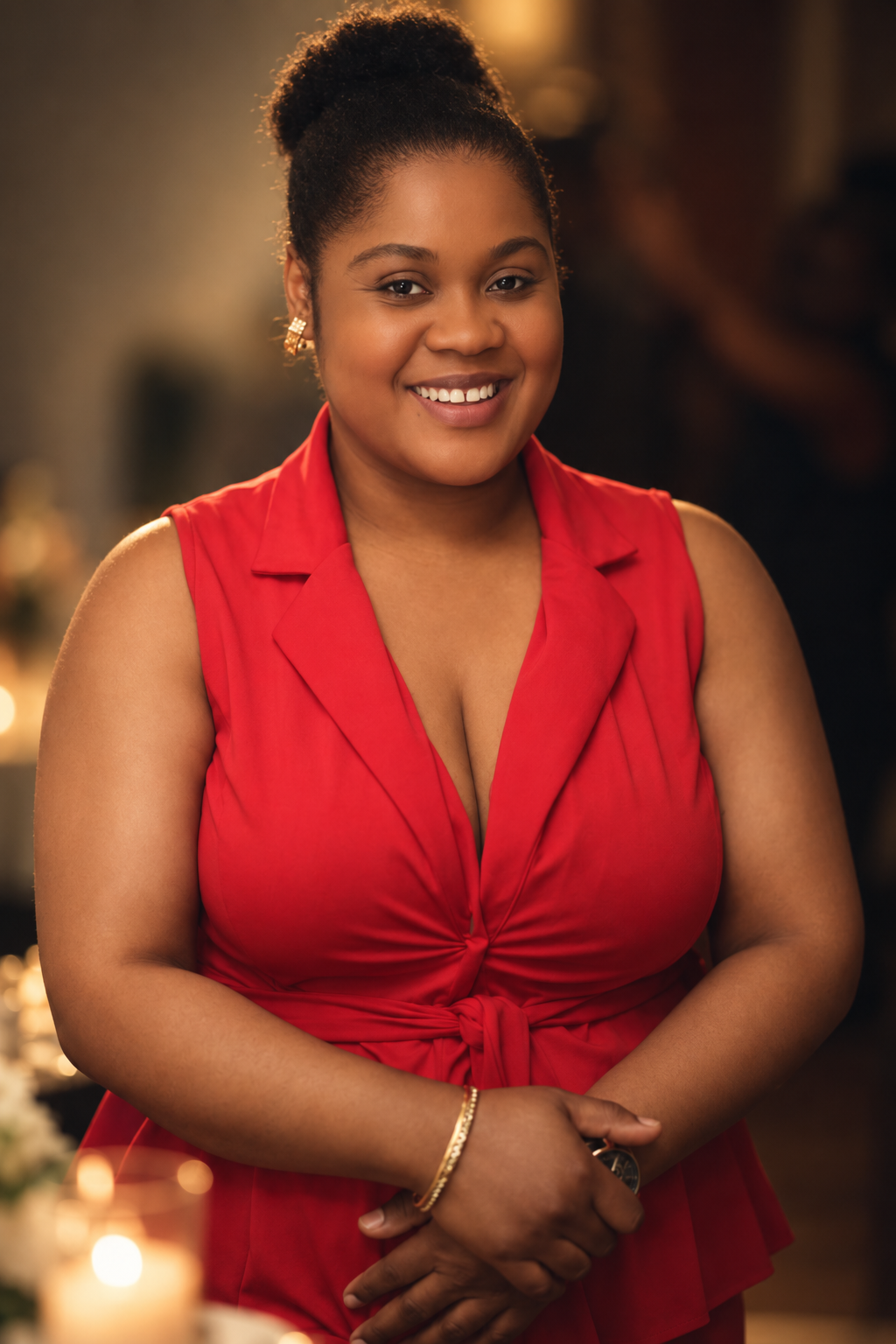 Editorial portrait of a woman in a red top with her hair in a bun, lit by warm studio light