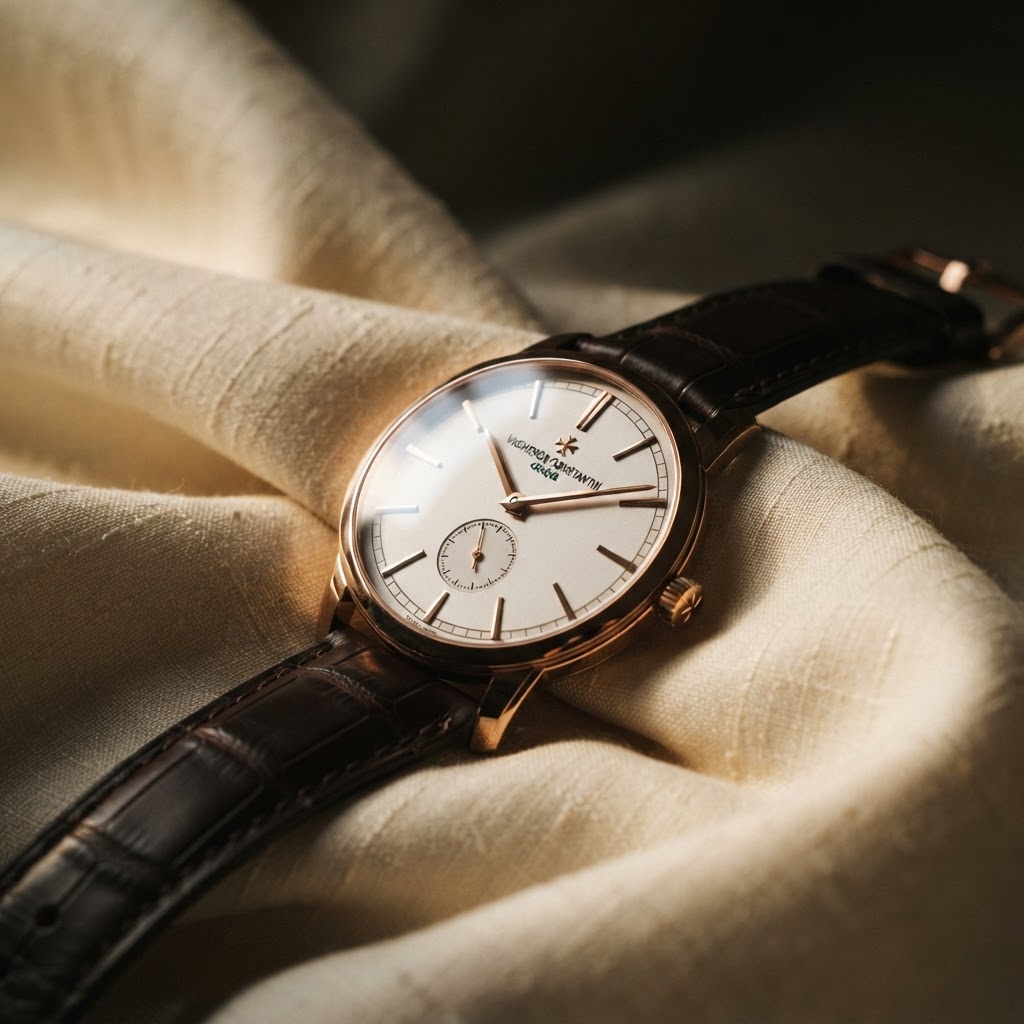 Product detail shot of a watch resting on silk fabric