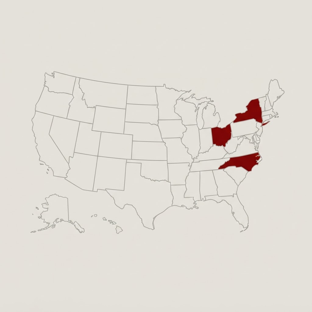 United States map with Ohio, New York, and North Carolina highlighted in oxblood