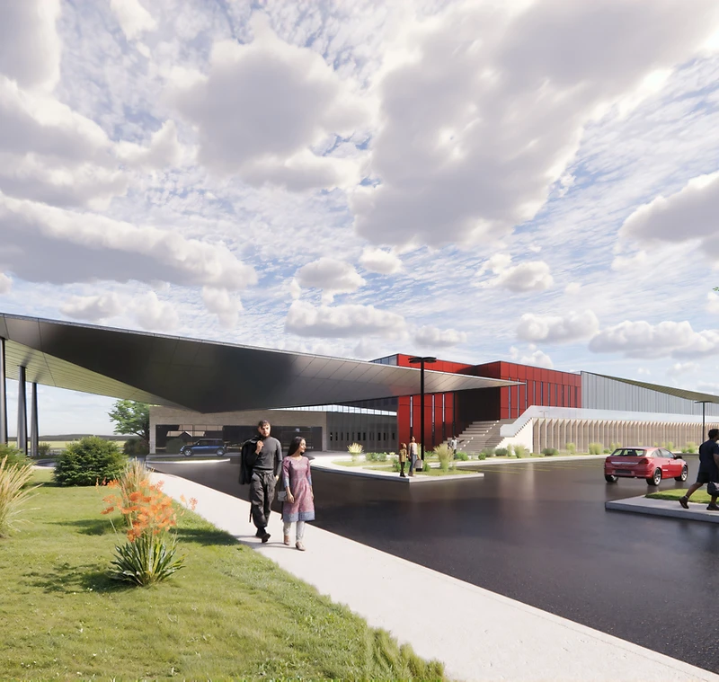 Architectural rendering of the Maranatha Life Campus community hub in Trotwood, Ohio, viewed from the southwest at ground level
