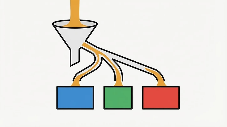A funnel directs a single stream into three separate, divergent pathways.