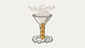 A funnel refining chaotic vapor into structured hexagonal components.