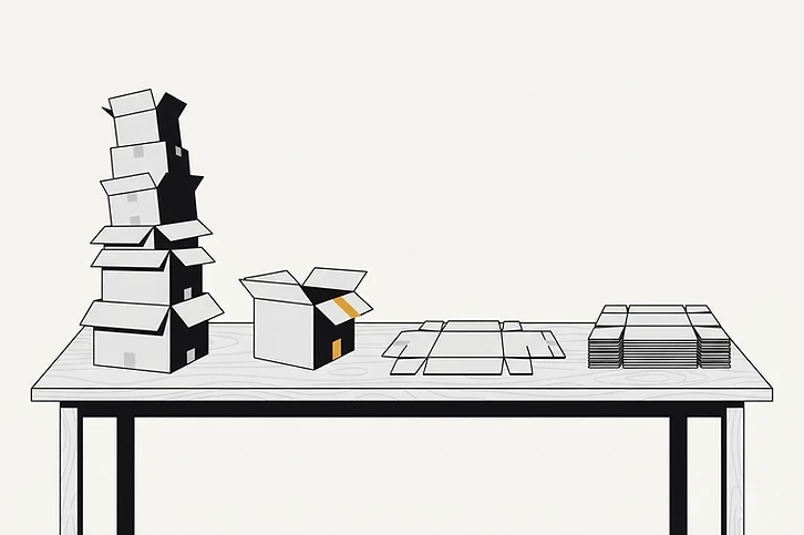 A tall, unstable tower of boxes is broken down into organized, flat panels spread across a table.