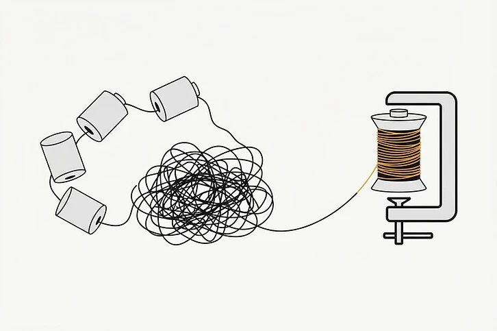 Tangled, unspooled thread lies next to a tightly wound thread spool held securely by a metal clamp.