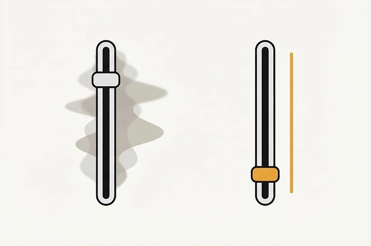 A comparison between a high-temperature setting producing erratic signal output and a low-temperature setting producing a stable, precise output line.