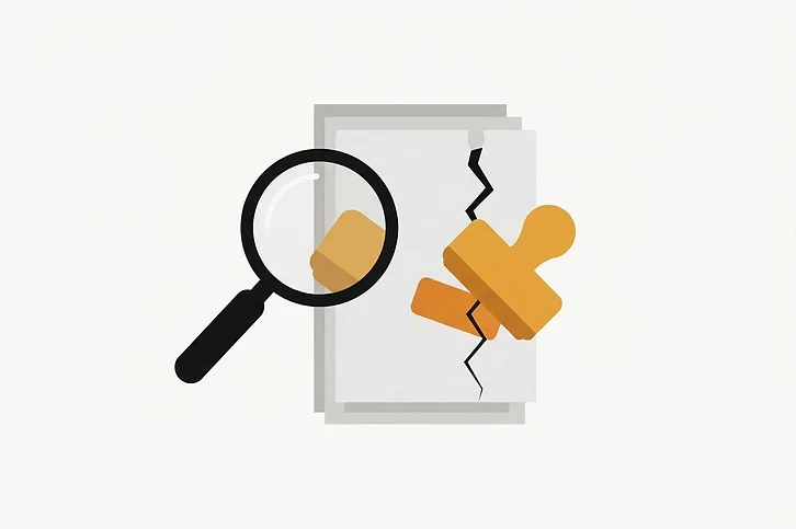 A red denied stamp is applied to a document with irregular formatting.