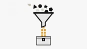 A funnel filters diverse shapes into uniform square tiles before depositing them into a secure container.