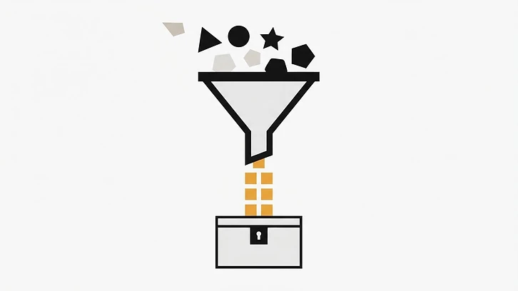 A funnel filters diverse shapes into uniform square tiles before depositing them into a secure container.